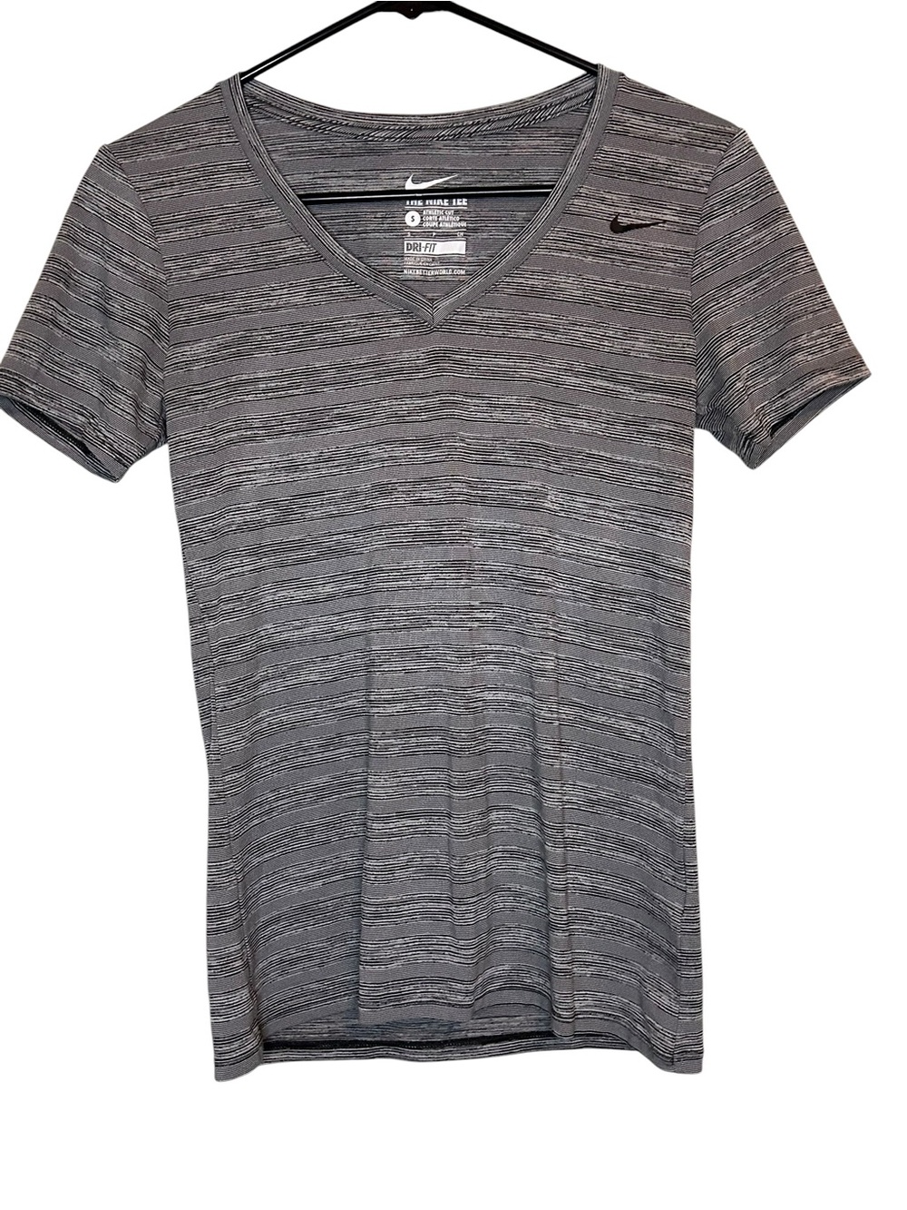 Women’s Nike Gray Striped V‑Neck Dri‑FIT Tee